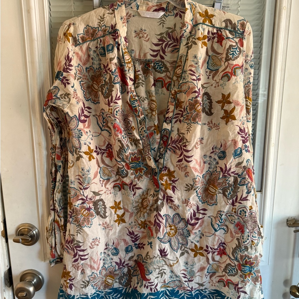 Promod Multicolor Floral Top Tunic Roll Tab Sleeve Lghtwt Vneck Button Front